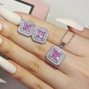 Sterling Silver (S925) Pink Square Stud Earrings & Matching Necklace